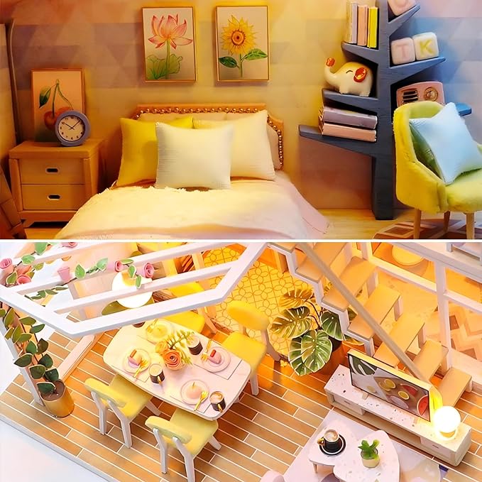 OZJAY DIY Miniature House Kit, Mini House Building Kit with LED & Furniture, DIY Wooden Dollhouse Miniature Kit for Adults Teen, Wooden Crafts Lovely Dollhouse Kit, Sweet Time