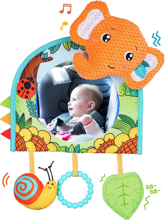 Baby Car Seat Toys - Mirror, Teether & Crinkle Paper - Rear Facing & Tummy Time - Fun Travel Toy