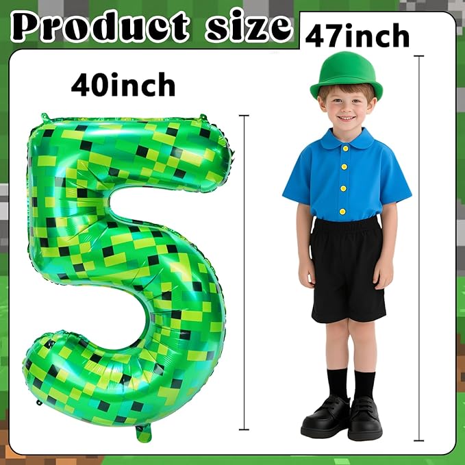 40in Green Pixel Number 5 Balloon Birthday Decorations, Miner Theme Green Foil Balloons Blast Gaming Party Supplies