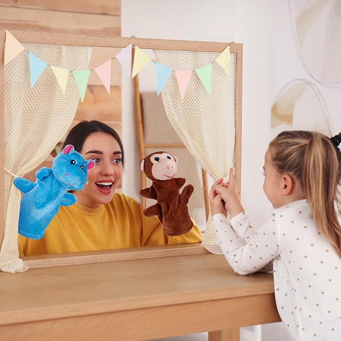 6Pcs Hand Puppets for Toddlers - Stuffed Animal Puppets for Kids, Including Lion, Tiger, Hippo, Leopard, Giraffe and Monkey for Puppet Show Theater, Stocking Stuffers for Kids