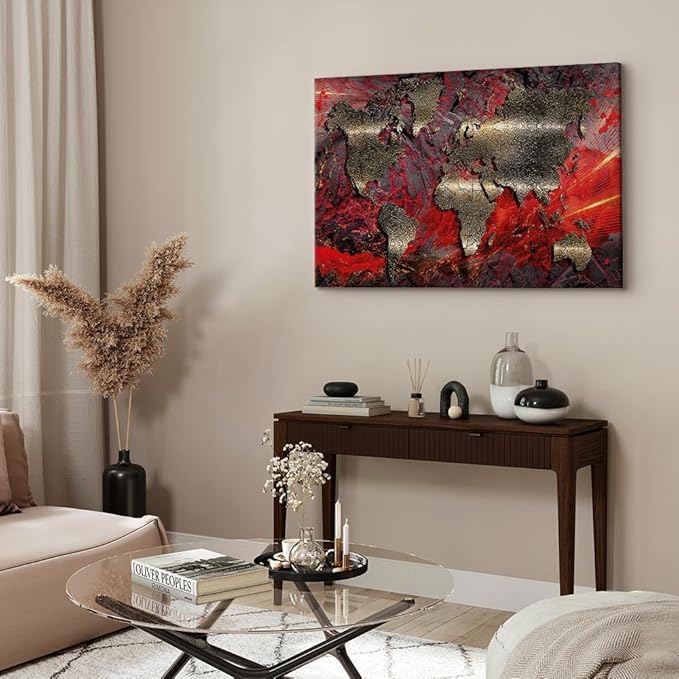 artgeist Canvas Wall Art World Map 35x24 in - 1pcs Home Decor Framed Stretched Picture Photo Painting Artwork Modern Art Image - Abstract Continents Map World Map Red k-A-0505-b-d