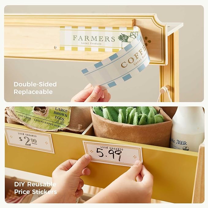 Tiny Land Wooden Play Store – Pretend Farmers Market & Coffee Shop with Cash Register, DIY Price Tags, Chalkboard, Pretend Grocery Store Role Play Toy for Toddlers