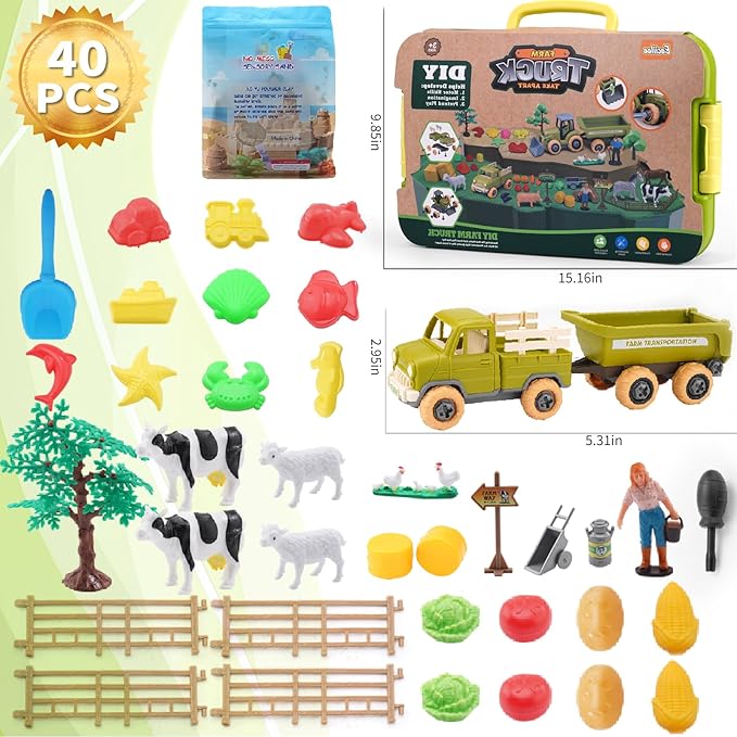 Play Sand Farm Toys, Farm Sensory Bins with 2.2lb Play Sand, Animal, Take Apart Truck Trailer Playset, Creativity Sandbox Toys with Lid for Kids 3 4 5 6 Years Old