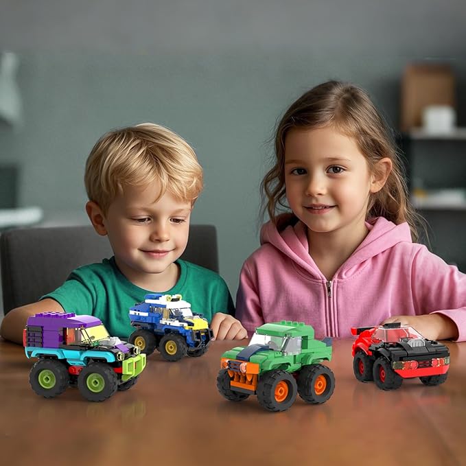 4 Pack Monster Truck Micro Brick Building Blocks Set, Pull Back Car Toy Vehicles Set, Birthday Party Favor or Gift for Teens Ages 8+ Kids
