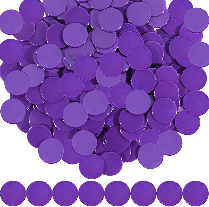 Coopay 300 Pieces Plastic Learning Counters Disks Bingo Chip Counting Discs Markers for Math Practice and Poker Chips Game Tokens,1 Inch (Purple Style 1)