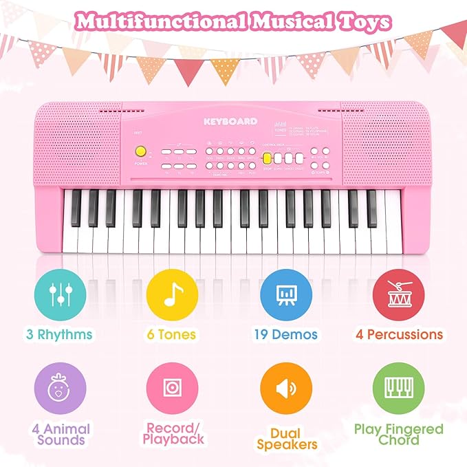 Toy Piano Keyboard for Kids Upgrade Electric Pianos Toys for 3 4 5 6 7 8 Year Old Girls Boys Beginners Keyboards with Microphone Toy for 3+ Year Old Kid Gifts (Pink)