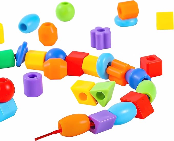 Plastic Lacing Beads for Kids with Fun Shapes, Long String, and Brilliant Colors, Educational Occupational Therapy Toys-Fine Motor Toys，Montessori Toy for 3 Year Old and Above（70 pcs）