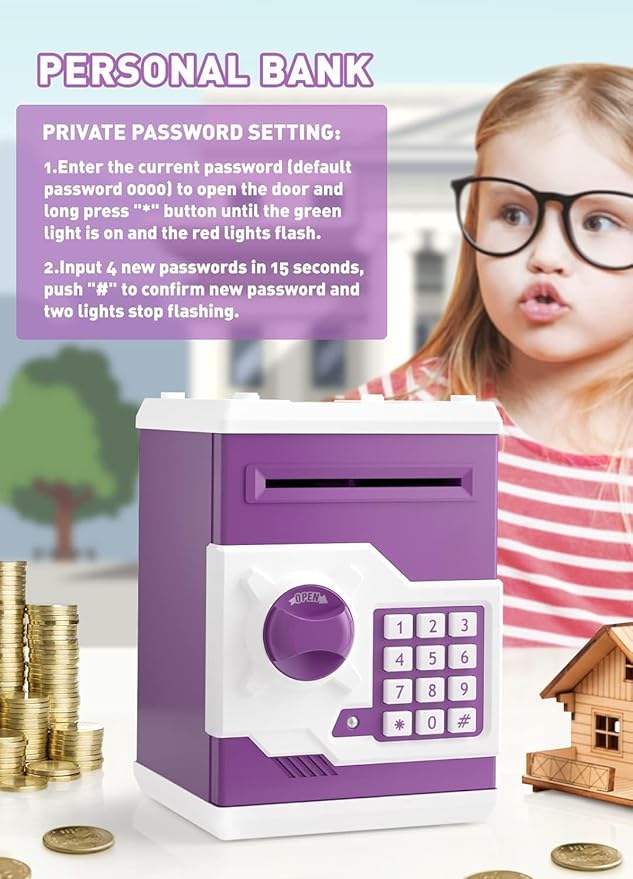 Piggy Bank for Girls Boys Large Electronic Money Coin Banks with Password Protection, Automatic Paper Money Scroll Saving Box, Great Gift for Kids (Purple-White)