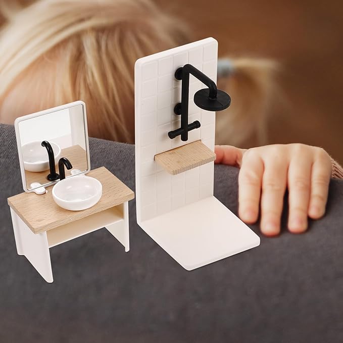NUOBESTY Dollhouse Bathroom Set, 1 12 Scale Dollhouse Furniture 8pcs Miniature Doll House Bathroom Accessories with Mini Bathtub, Toilet, Shower Room for Doll House Decor Accessories