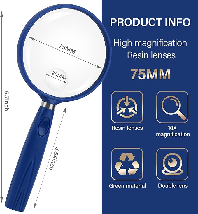 Feosky Handheld Reading Magnifier, 10X 30X Magnifier, 75mm Shatterproof Lens, Non-Slip Handle for Adults Close Work, Seniors Reading and Kids Nature Exploration, Hobby Observation (Blue)