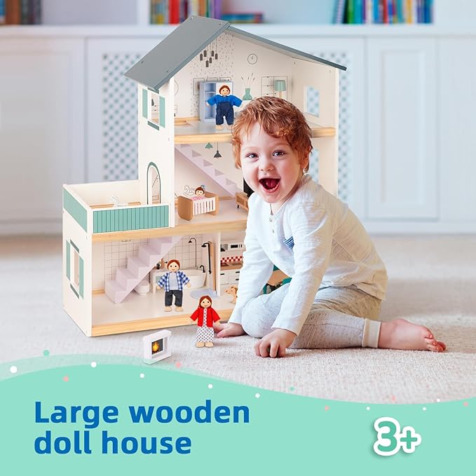 OOOK Wooden Dollhouse for Kids, Doll House with Simulated Luxury Furniture Set, Dollhouse Playset for Girls Toddlers (Including 4 Family Dolls and a Dog)