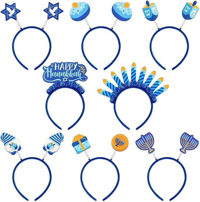 CiyvoLyeen Hanukkah Headbands 8 Pcs Gnome Menorah Dreidel Decorations Festive Head Hat Toppers Photo Booth Chanukah Party Favors Supplies Gifts Blue