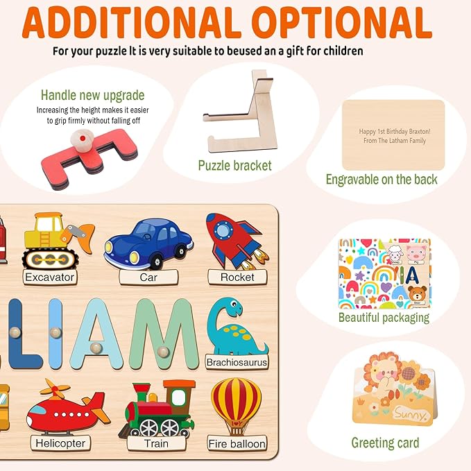 Personalized Name Puzzle for Kids, Wooden Name Puzzle for Toddlers 1-3, Custom Baby Gifts, Educational Montessori Toys for Learning Alphabet, Animals, First Birthday Gifts for Boys Girls