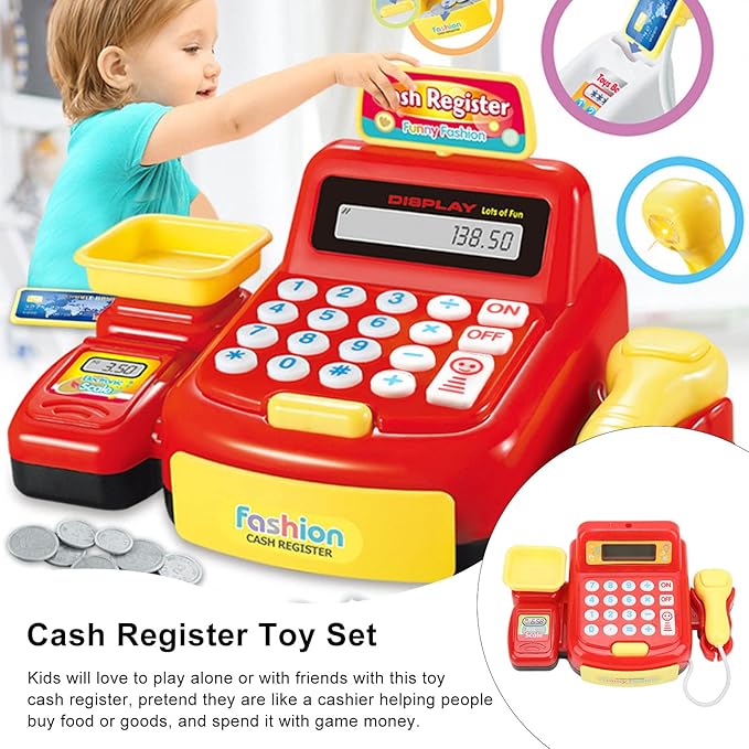 Children Mini Cash Register Toy Cashier Role Play Supermarket Shopping Checkout Money Till Toy Educational Learning Pretend Playset for Kids Girls Boys
