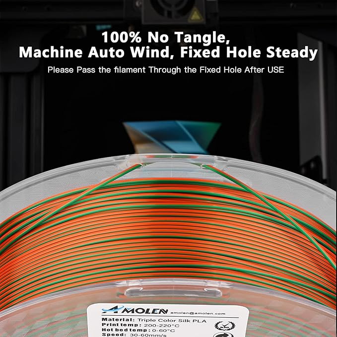 AMOLEN Silk PLA 3D Printer Filament, Tri Color Blue Green Orange PLA 1.75mm, Shiny Multi Color Change Filament 3D Printing PLA Filament for Most FDM 3D Printer, 1kg Spool(2.2lbs)