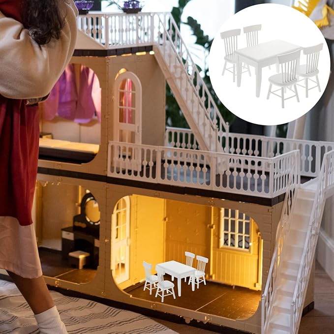 Homoyoyo 5 PCS 1/12 Wooden Dollhouse Furniture of Table Chair, Mini House Miniature Dining Table Chair, Miniature Furniture Set Dollhouse Accessories(White)
