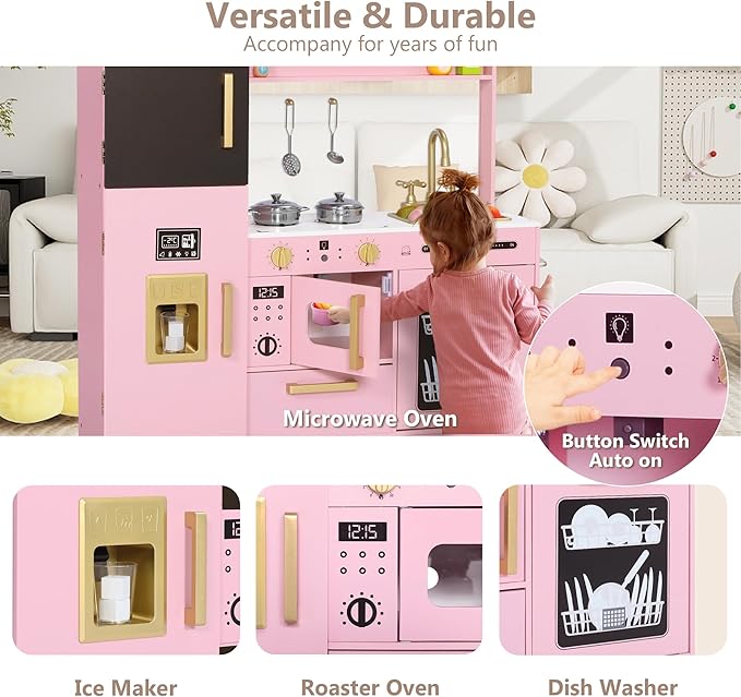 Kinder King Wooden Kids Play Kitchen, Toy Kitchen Playset for Toddler, Play Kitchen Set w/Blackboard, Transparent Coloring Board, Pretend Dishwasher, Oven, Ice Maker, Gift for Boys Girls Age 3+, Pink