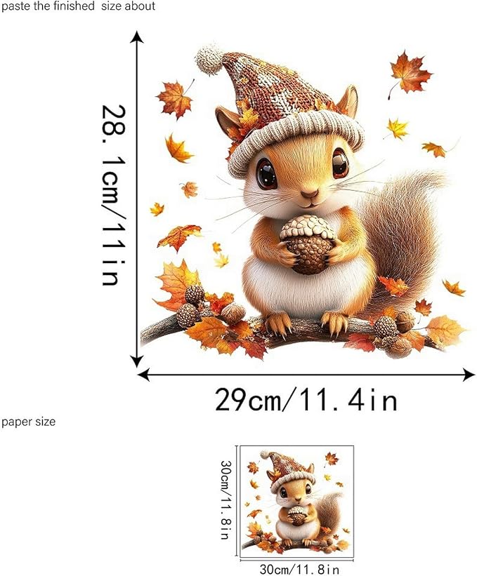 Fall Window Clings for Glass Thanksgiving Static Cling Window Decals 1PCS Cute Squirrel Maple Leaves Autumn Reusable Window Stickers Home School Office Decorations