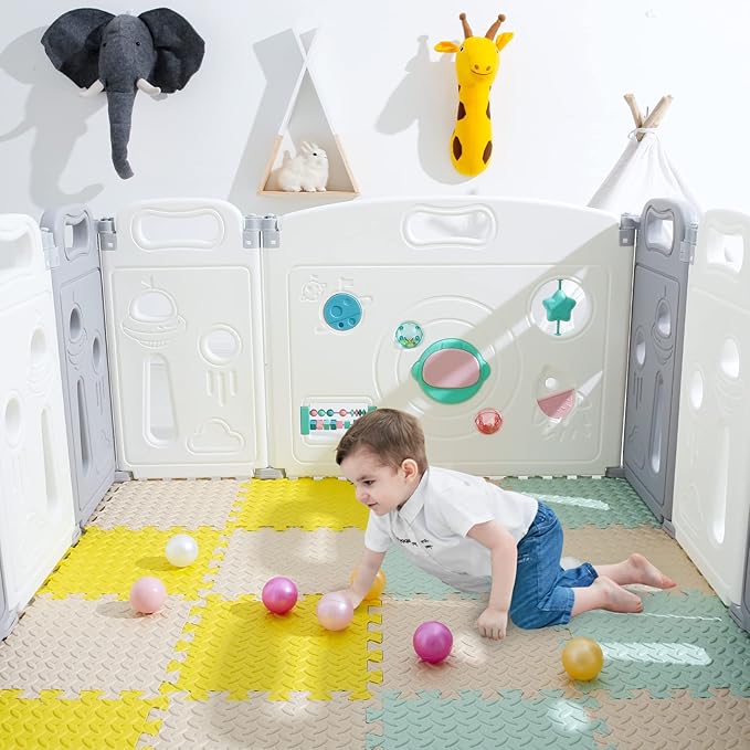 Foam Floor Mats for Kids, 12 x 12 Inch 16 Tiles 0.4" Thickness Foam Play Mat, Non-Toxic Square Interlocking Floor Mats Rubber Baby Play Mat for Toddlers(Beige/Yellow/Bean Green)
