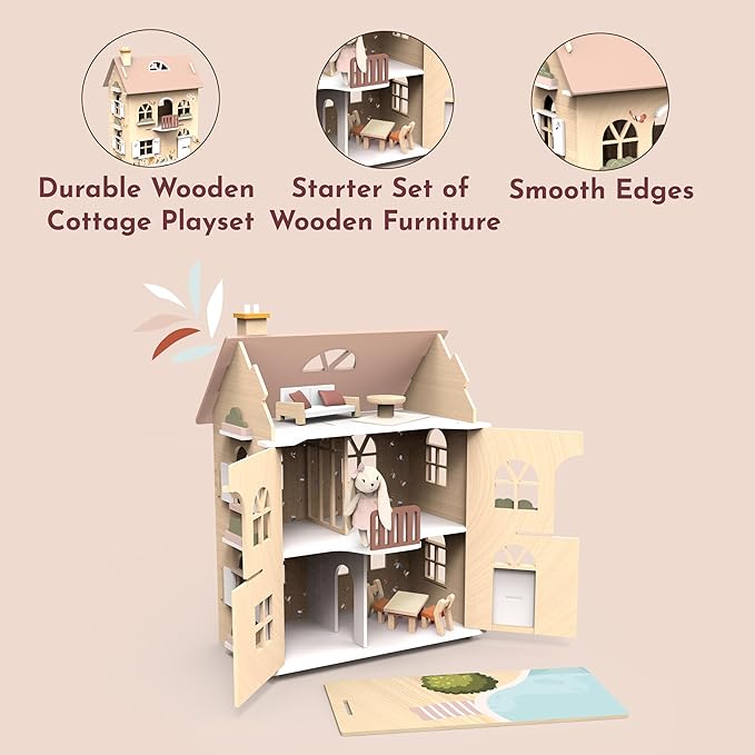 SPEEDY MONKEY Flowers Cottage Wooden Dollhouse with Starter Set | Pretend Play Doll House for Toddlers & Preschoolers | Fun Playhouse for Boys & Girls, Ideal for Imaginative Storytelling Playset