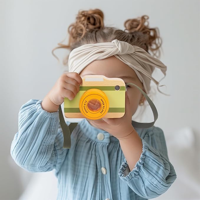 Wooden Mini Pretend Camera Toy with Real Sounds and Light for Toddlers 3 Years Old, Neck Hanging Photographed Props for Boys Girls Children Kids