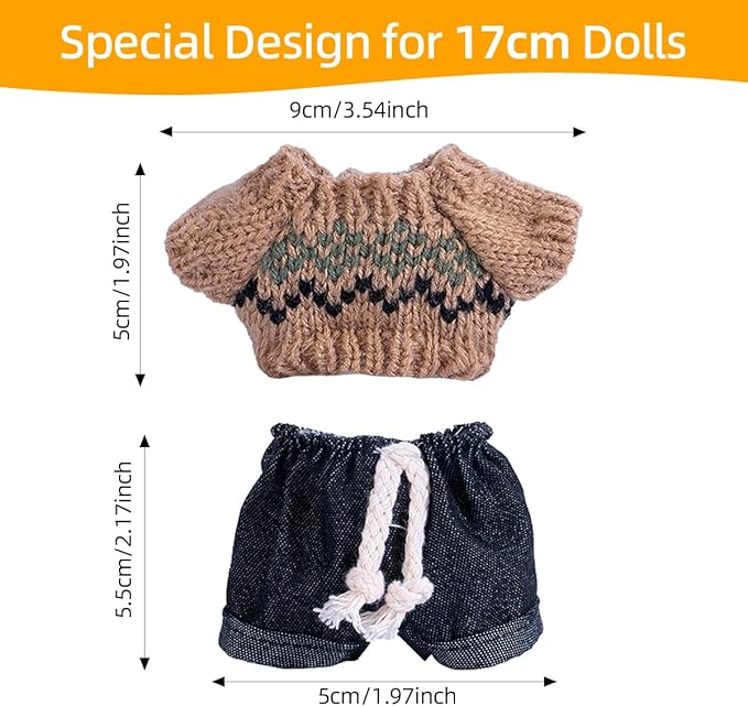 17cm Doll Clothes Set, Premium Jeans & Knitted Sweater Outfit for 17cm 15cm Dolls, Cute Dress Up Fashion, No Doll Included (D, 17cm/15cm)