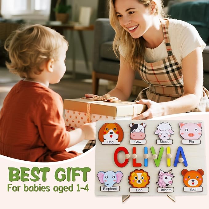 Personalized Name Puzzle for Kids, Wooden Name Puzzle for Toddlers 1-3, Custom Baby Gifts, Educational Montessori Toys for Learning Alphabet, Animals, First Birthday Gifts for Boys Girls