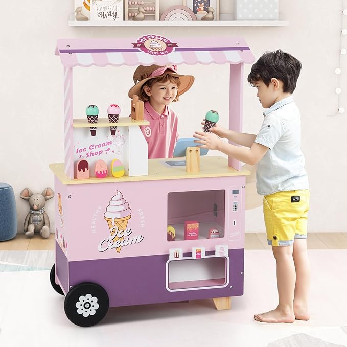 Costzon Ice Cream Cart, Wooden Grocery Store w/Vending Machine, Play Food, Display Rack & Shelves, Swivel Wheels, Push Handle, Ice Cream Truck, Market Stand Pretend Playset for Kids Ages 3+ (Pink)