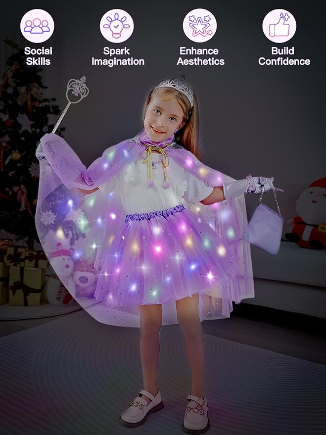 Light Up Princess Dress Up Clothes for Girls Aged 3 4 5 6, Princess Cape, Girl Costume for Christmas Birthday Gift