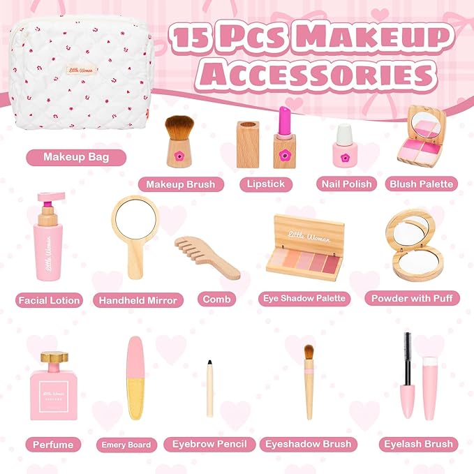 Wooden Makeup Toy Set, Pretend Play Makeup Kit for Toddlers Realistic Beauty Salon Set for Girls with Eyeshadow Lipstick Perfume Brush and Cosmetic Bag Birthday Gifts for Girls Toys Kids Aged 3 4 5 6