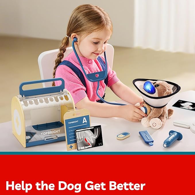 TOP BRIGHT Doctor Kit for Toddlers 3-5, Pretend Play Doctor Toys with Sounds & Reactions, Electronic Interactive Stuffed Dog Vet Kit, Pet Care Play Set Birthday Gifts for Girls Boys 3 4 5
