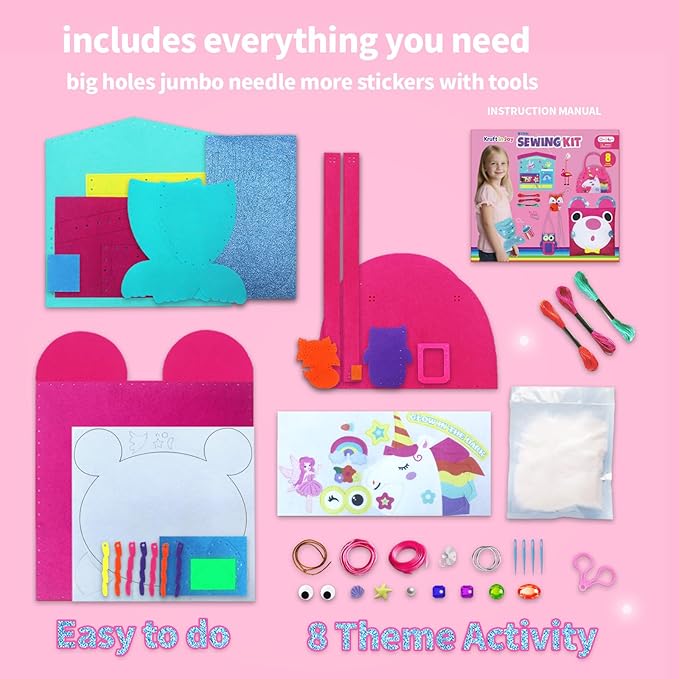 Kruft in Joy My First Sewing Kit Fun Felt Craft for Kids-8 Easy DIY Project twiggle Stuffed Animal Doll Plush Pillow Bag Charms Unicorn Mermaid Bear Fox Owl,Learn to Sew Embroidery Gift for Girl 5 12