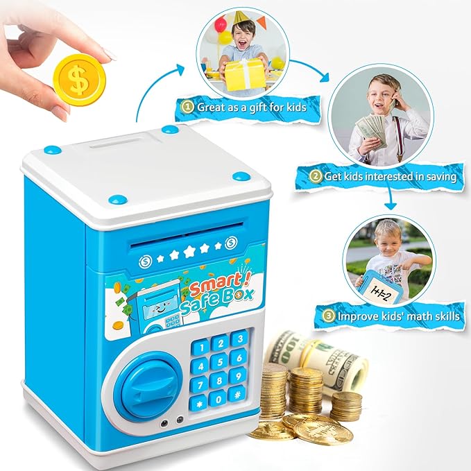 ATM Piggy Bank for Boys Girls, Vcertcpl Mini ATM Coin Bank Money Saving Box with Password Code, Kids Safe Money Jar for Real Money with Auto Grab Bill Slot, Great Gift Toy Bank for Kids (Blue)