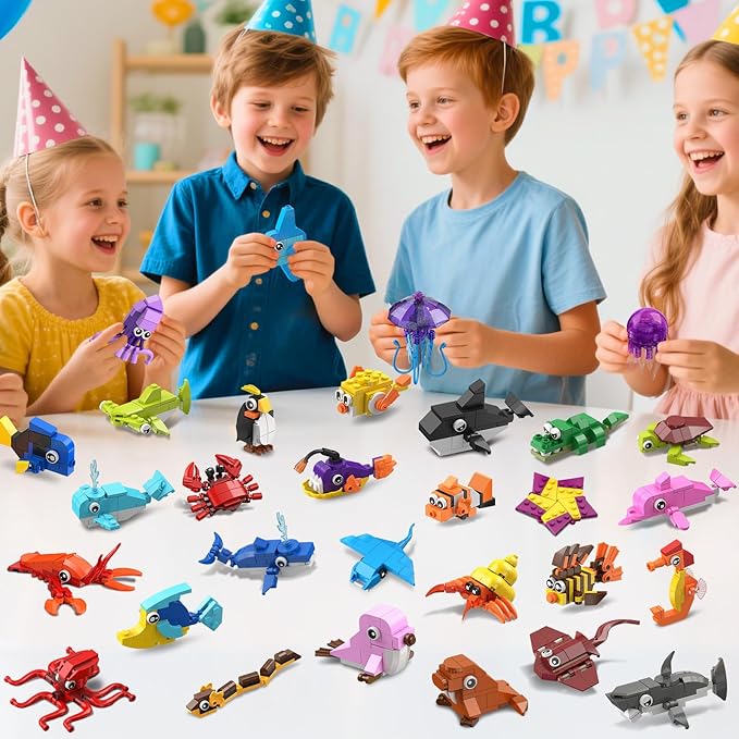HOGOKIDS 30 Pack Animals Party Favors for Kids, 824PCS Mini Marine Animal Building Block Sets for Goodie Bags Filler Classroom Prizes, Easter Basket Stocking Stuffer Birthday for Boys Girls 6+