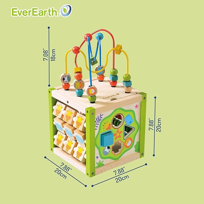 Wooden Activity Cube with Bead Maze, 5 in 1 Activity Center, Educational Learning Montessori Toys for Toddlers for Kids 1+, FSC Certified