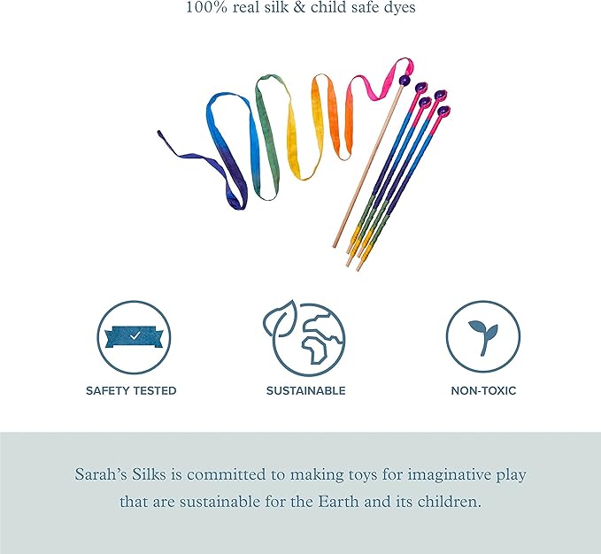 Sarah's Silks Rainbow Streamer - 8' Long Ribbon Wand for Kids, Pretend Play, Dance, Baton Stick Twirling, and Gymnastics Party Favors | 100% Silk and Wood Montessori and Waldorf Toys