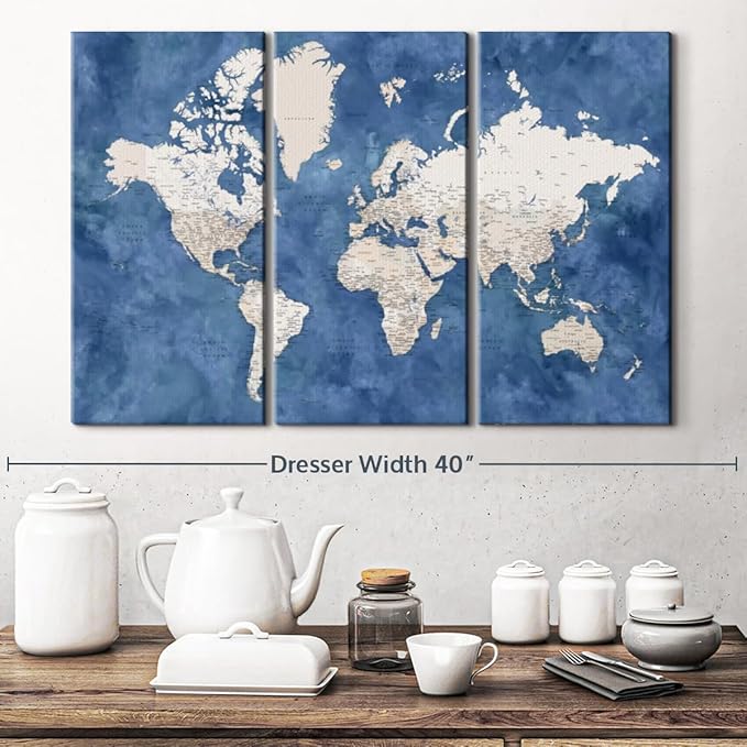 ElephantStock Detailed World Map With Cities I Wall Art - Horizontal Canvas - 3-Piece Living Room Decor - Watercolor Map Canvas Print - Beige and Blue Wall Decor by Blursbyai - 33" X 20"
