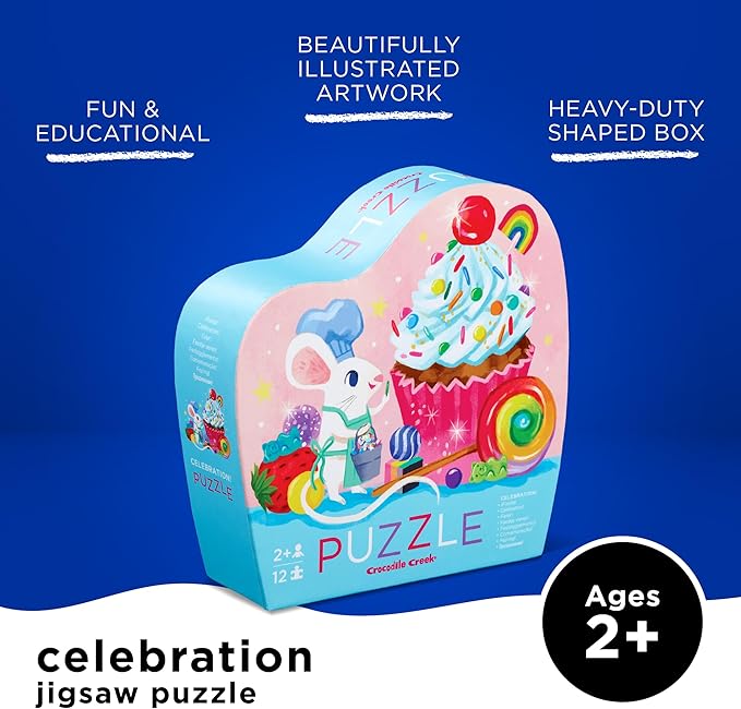 Crocodile Creek 12-Piece Mini Jigsaw Puzzle - Fun Floor Puzzles for Kids Ages 2-4 and Up - Heavy-Duty Shaped Box for Storage - Celebration with Birthday Cupcake and Mouse - 12" x 9" Finished