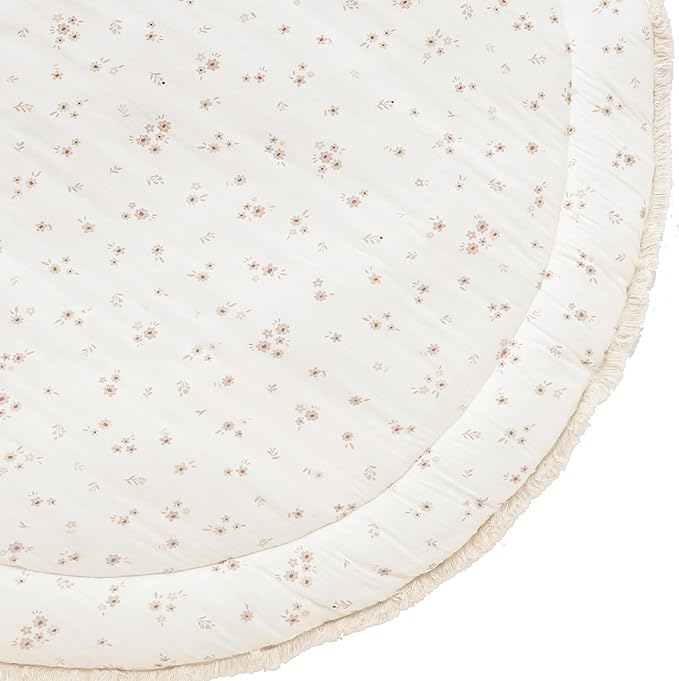 MakeMake Organics Organic Play Mat GOTS Certified Organic Cotton Nursery Floor Rug Washable Reversible Non Toxic Activity Mat Tummy Time Crawling Pad Thick Quilted (Round 48", Bloom + Solid Oat)