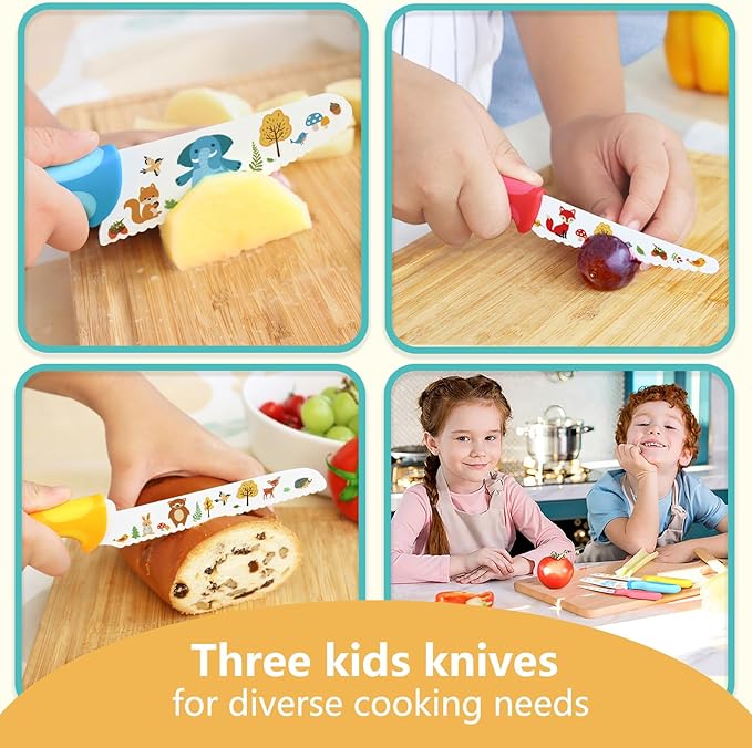 Kibbidea Kids Knife Set for Real Cooking, 4pcs Kids Safe Kitchen Cutting Knives, Stainless Steel Blades, Children First Starter knife, BPA-free (Multicolor)