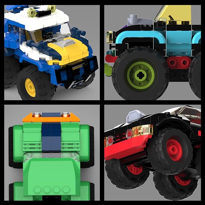 4 Pack Monster Truck Micro Brick Building Blocks Set, Pull Back Car Toy Vehicles Set, Birthday Party Favor or Gift for Teens Ages 8+ Kids