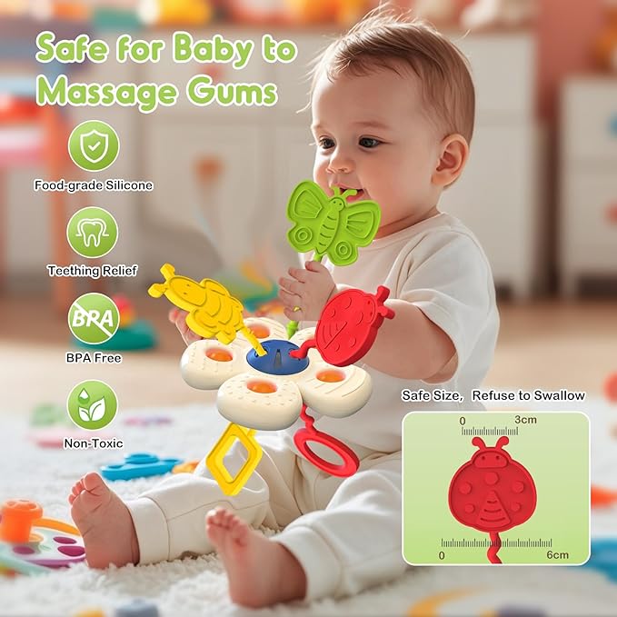Baby Sensory Montessori Toy for 6-12-18 Months, Soft Silicone Popper Pull String Teething Travel Toys for Car Seat, Toddler Learning Early Develop for Infant 1 2 Boys Girls Christmas Birthday Gifts