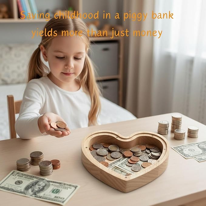 Heart Shaped Wooden Piggy Bank Clear Acrylic Panel Coin Savings Box Personalized Money Bank for Kids Boys Girls Adults Couples, Birthday Christmas Wedding Gift Home Décor