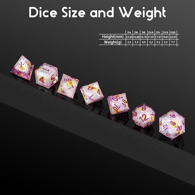Resin Dice Set DND,DNDND Handmade Resin Sharp Edge Die with Gift Case for D&D Dungeons and Dragon Games (Flowers and Butterflies)