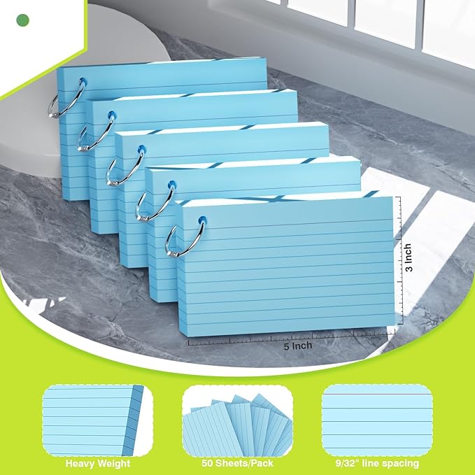 250 Count Blue Index Cards with Ring 3 x 5 Inch Heavyweight Ruled Index Cards, Flash Cards for School & Office Supplies and Home Organization, Durable Study To Do List Note Cards with Ruled Lines