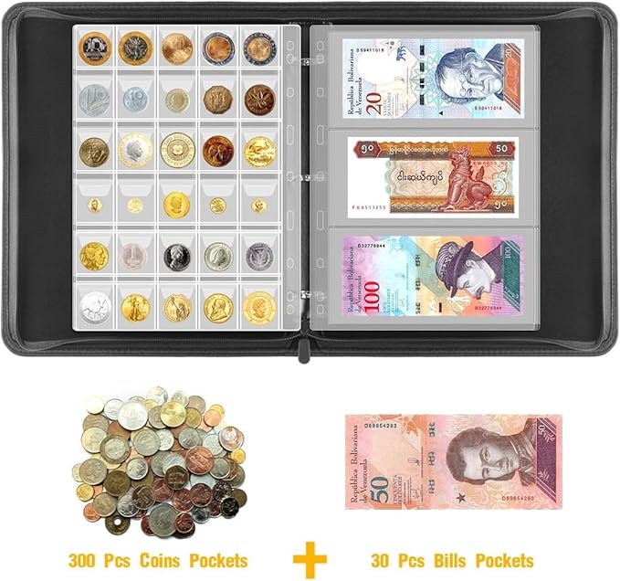 Coin Collection Book- 300 Coins Pockets+30 Bills Pockets, Coin Collection Supplies Holder for Collectors, Coin Album Binder Storage Box Case for Money Currency