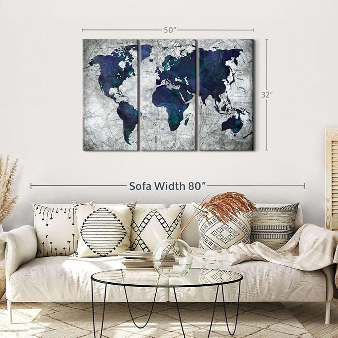 ElephantStock Deep Blue World Map Multi Piece Canvas - 3 Panel Wall Decor - Map of the World Art - Canvas for the Office and Home - 50" X 32"