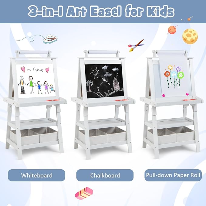 Costzon Kids Art Easel, 3 in 1 Double-Sided Painting Easel w/Magnetic Whiteboard, Chalkboard & Paper Roll, 2-Tier Storage Rack & 2 Boxes, Standing Easel for Kids, Toddlers, Gift for Boys, Girls