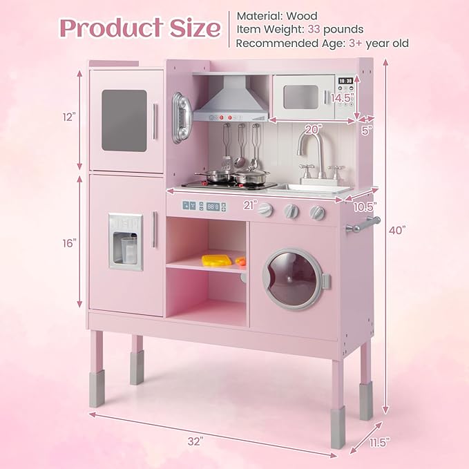 INFANS Kid Kitchen Playset, Toddler Wooden Pretend Cooking Set with Realistic Light & Sound, Stove, Sink, Microwave, Storage Cabinet, Play Kitchen Toy Set for Children Boys Girls