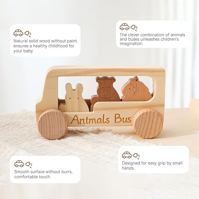 let's make Baby Wooden Toys Push Cars Animal Bus Toys Set Toddlers Developmental Grasping Toys Wooden Toys Gift for Kids Boys Girls Birthday Christmas